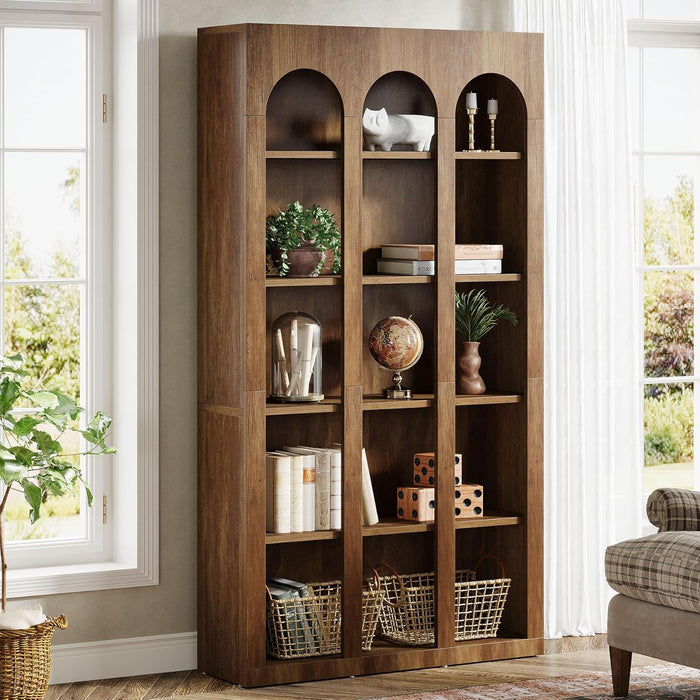 5 Tier Farmhouse Arched Bookcase For Living Room - Rustic Brown