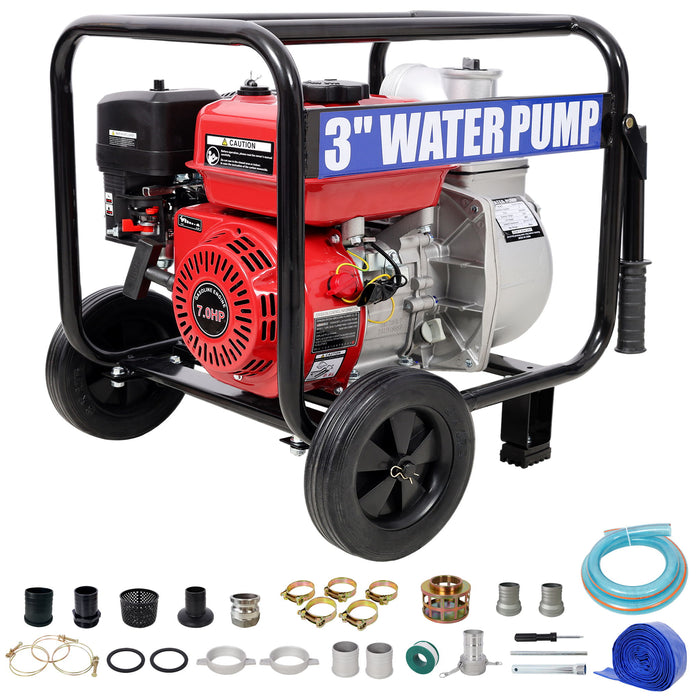 Gas Engine Powered Water Pump 3" Inlet & Outlet 7Hp 212Cc Epa Certified With Wheels And Handle - Black / Red