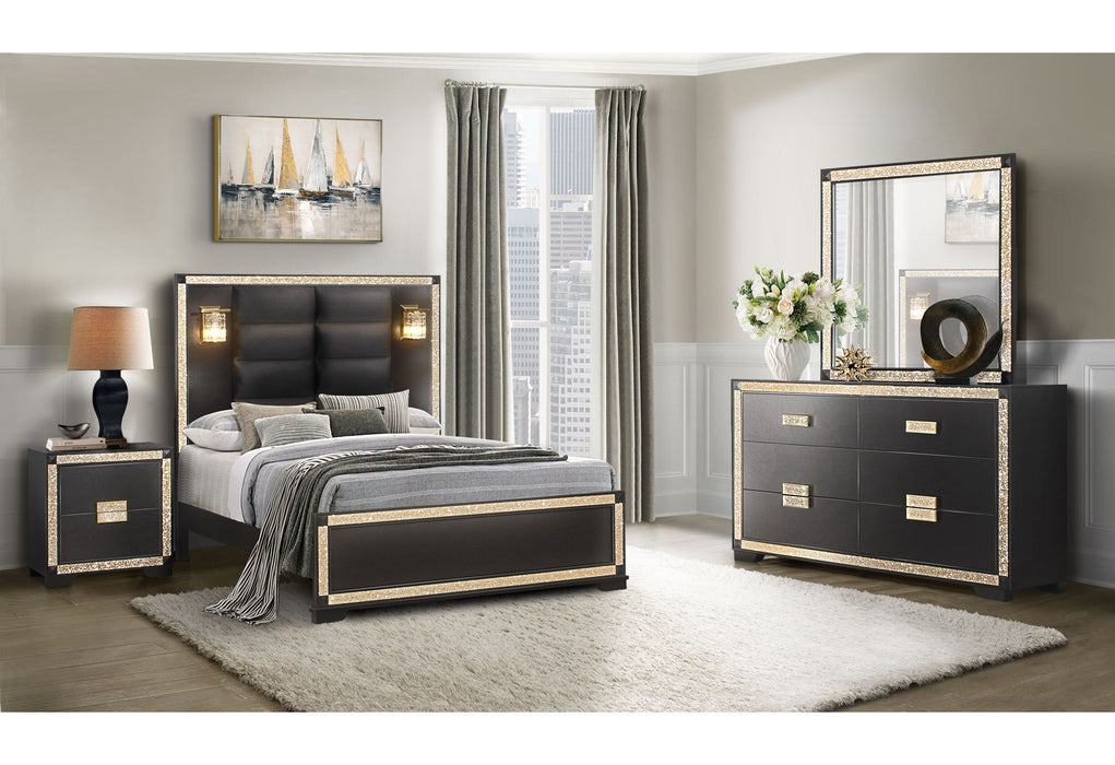 Blake - 6 Piece Queen Bedroom Set (Bed, Dresser, Mirror, 2 Nightstands, Chest) - Black / Gold