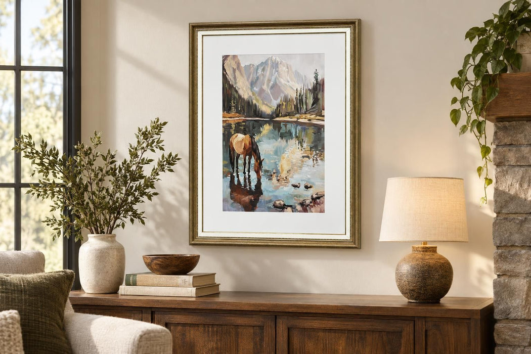 Alpine Watering I - 24 X 32 - Framed Print Under Glass - Blue, Brown, Green, Cream, Gray, White Mat, Brown Frame, Gold-Tone Frame Accents