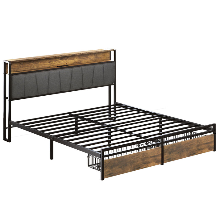 Upholstered Platform Bed Frame With Storage Drawers, USB Ports, LED Lights
