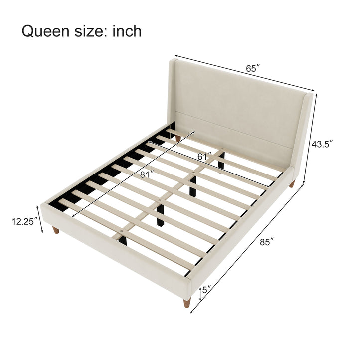 Modern Velvet Upholstered Platform Bed With Wingback Headboard