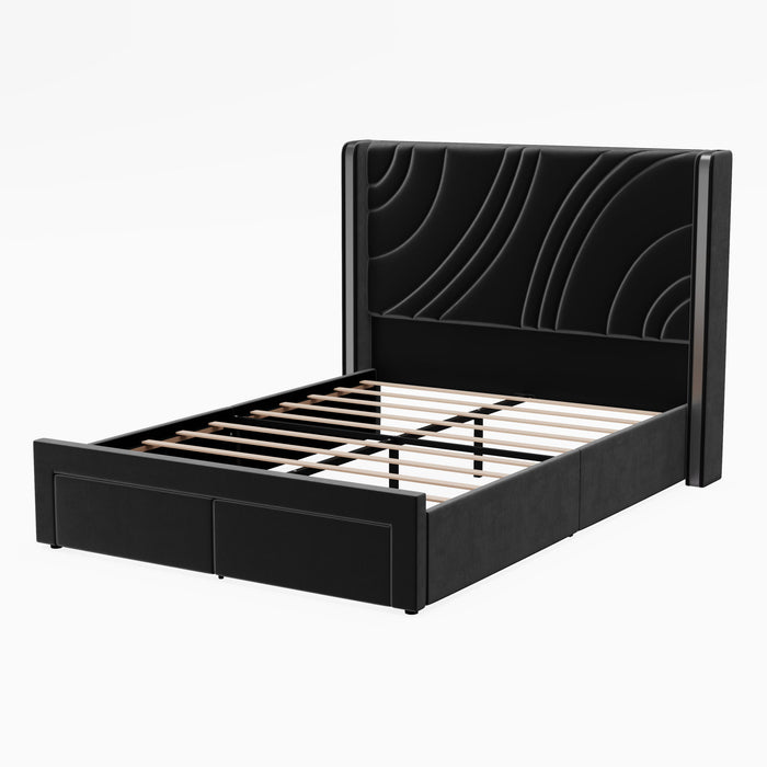 Modern Upholstered LED Bed Frame With Storage Drawers, Wingback Headboard, RGB Light