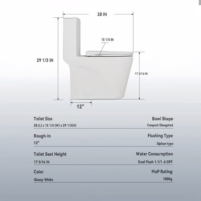Upgraded Design Armrest, With Glossy Gw 007 1 Piece Toilet With Tornado Flush, Soft Close Seat, Dual Flush Map 1000G, Comfort Chair Seat - Gloss White
