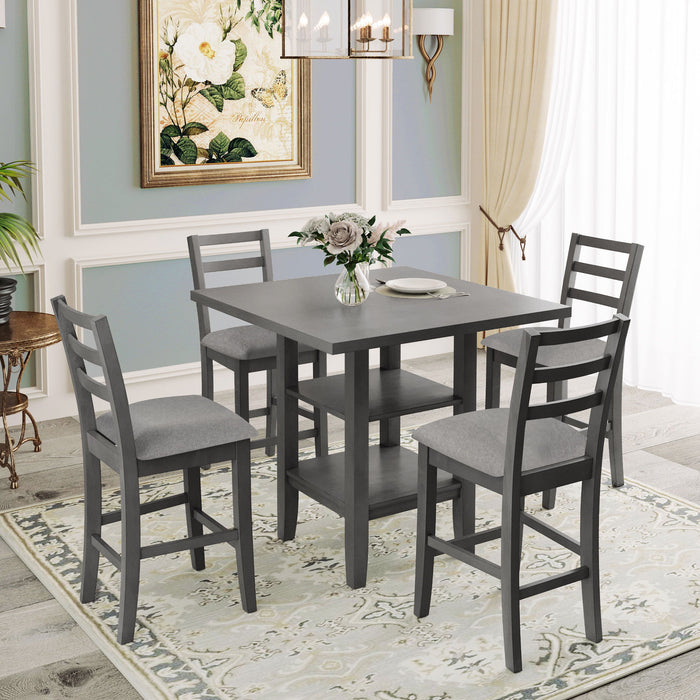 5 Piece Wooden Counter Height Dining Set With Padded Chairs, Storage Shelving