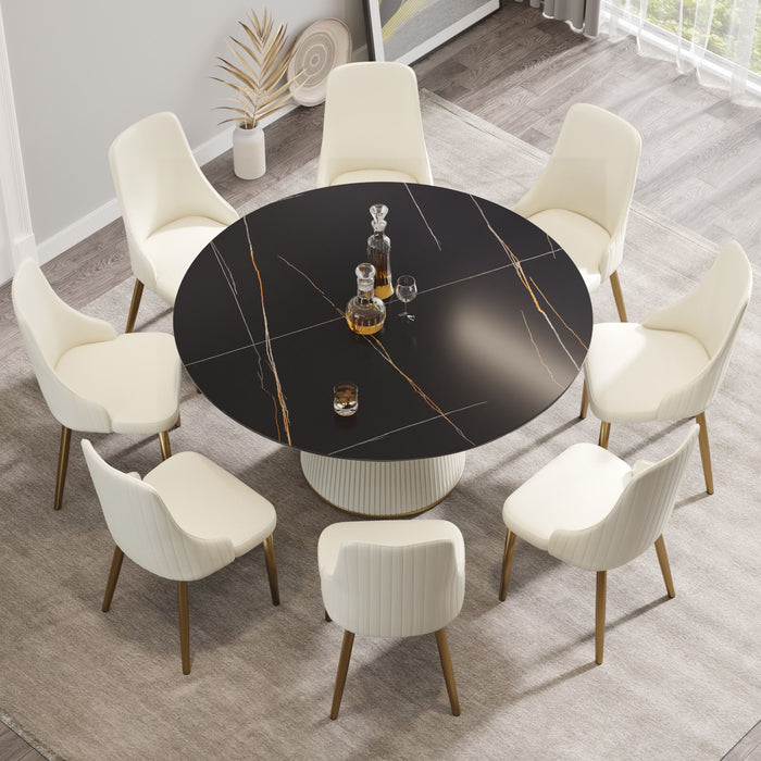 Modern Artificial Stone Round Plywood Base Dining Table, Can Accommodate 8 People, (Not Including Chairs) - Black / Beige