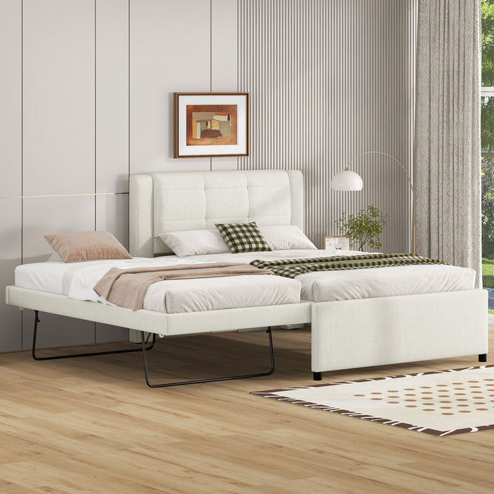 Full Size Upholstered Platform Bed With Adjustable Trundle - Beige
