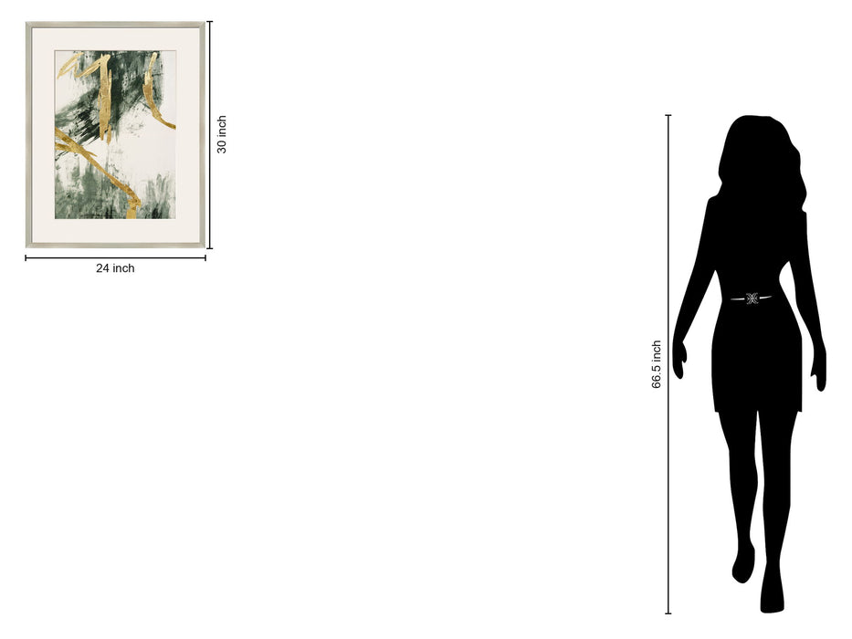 "Golden Strokes II" Hand-Embellished Canvas Framed Under Acrylic - Silver / Green / Gold