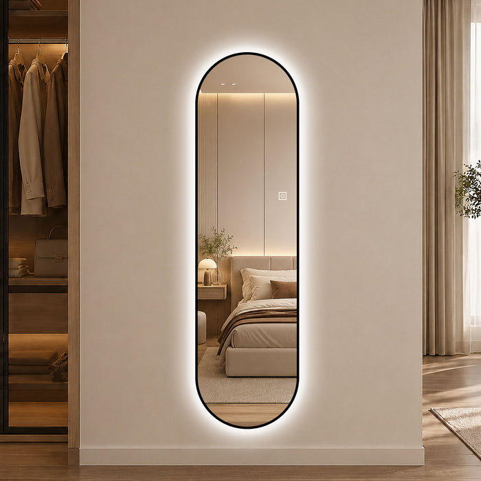 Capsule Shaped Dimmable LED Full Length Wall Mirror With Frame - Silver