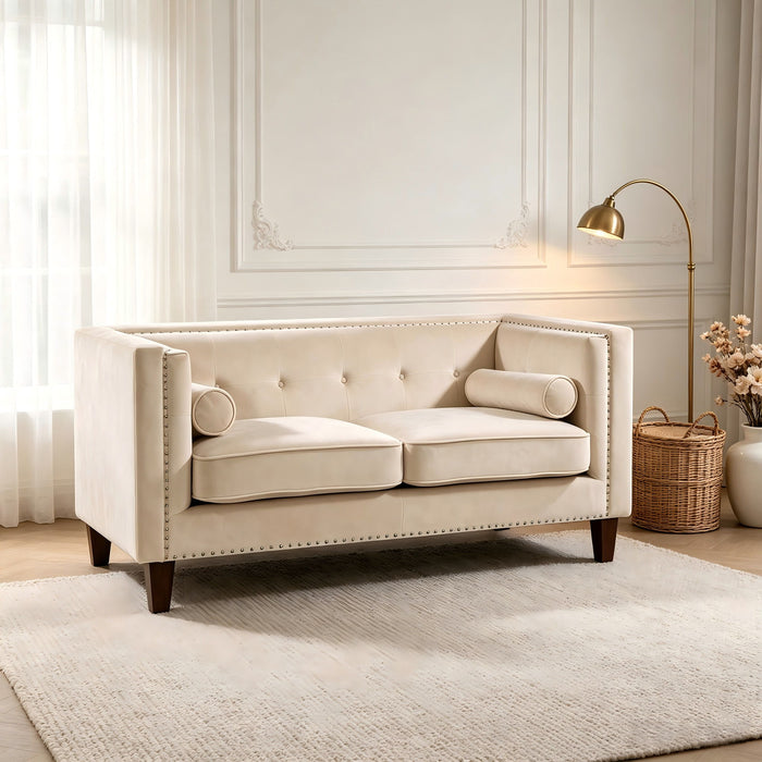 Button Tufted Square Arm Loveseat Sofa With Nailhead Trim, Upholstered 2 Seater Couch - Ivory