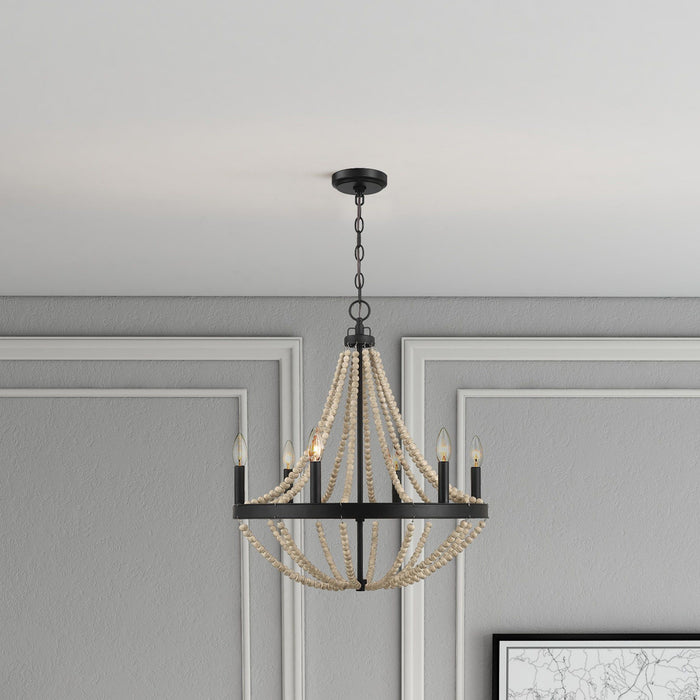Starry - Chandelier 6 Candle Light Wood Beaded Pendant Light For Dining Room - Black / Clear