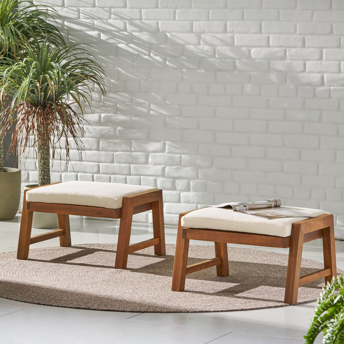 Acacia Wood Outdoor Ottomans With Cushion, (Set of 2)