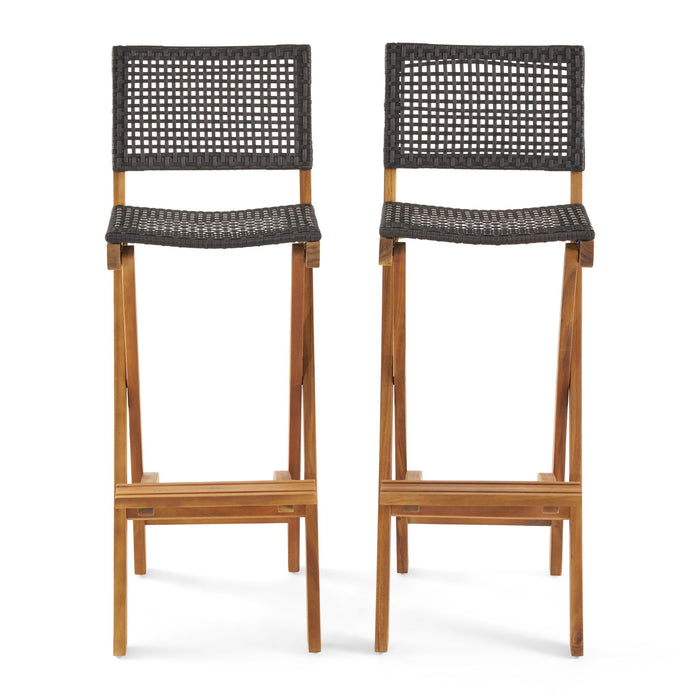 Outdoor Folding Acacia Wood Barstools With Rattan Backrest And Seat
