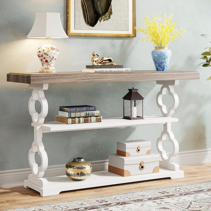 Console Sofa Table With 3 Shelves, Floral Carved Accent - Gray / White
