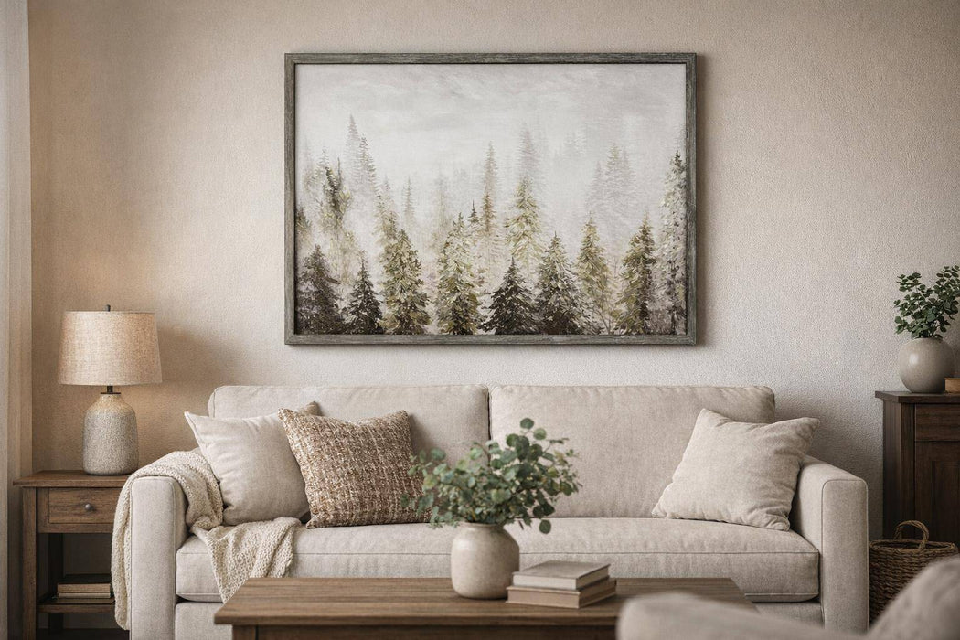 Fogbound Pines Hand-Embellished Canvas In Frame - Gray / Brown