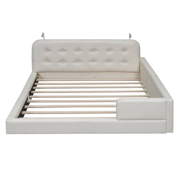 Queen Size Upholstered Platform Bed With 2 Reading Lights - White