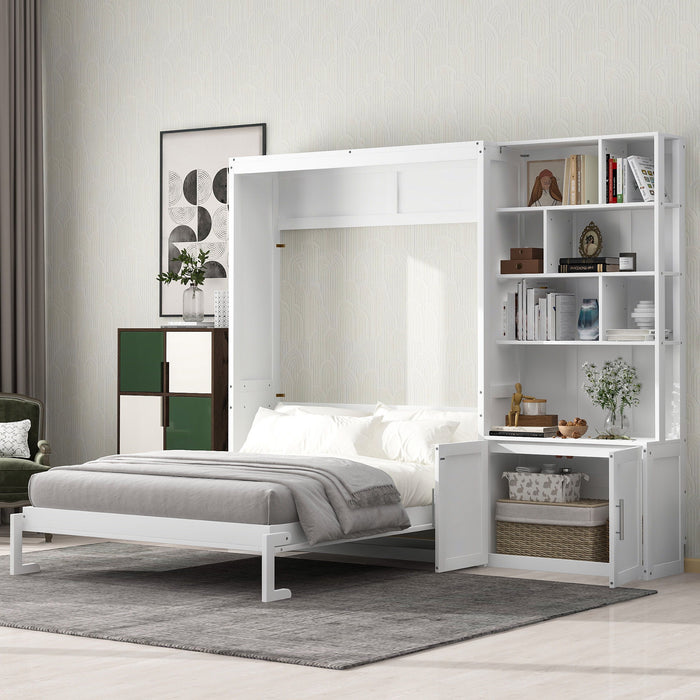 Full Size Murphy Bed With Multiple Storage Shelves And A Cabinet - White