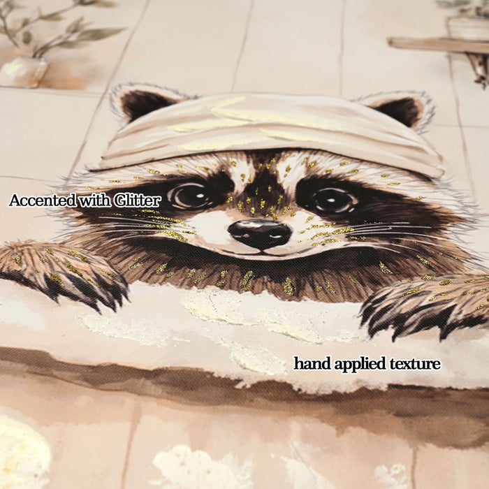 Raccoon Bathroom Canvas Wall Art, Funny Animal, Framed - Black / Ivory