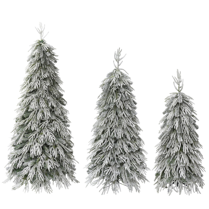 Snowy Cascading Christmas Trees 3 Piece Set With Warm LED Lighting, Flocked Weeping Branches, Multi Level Indoor Decor - Green