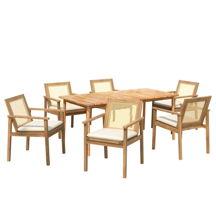 Preston - Outdoor Patio 7 Pieces Dining Set With Chairs And Cushions - Teak / Beige