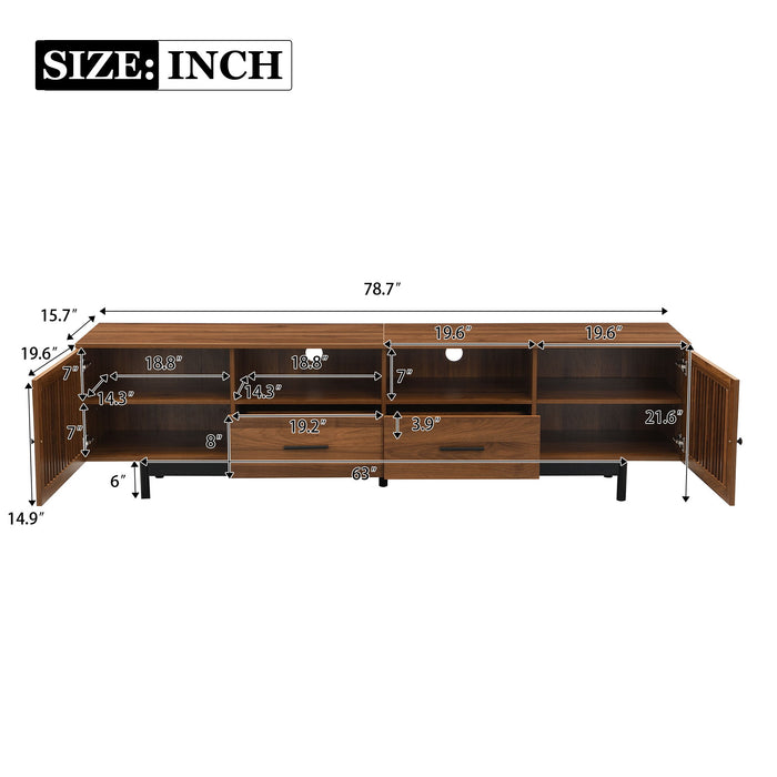 TV Stand, Media Console With 2 Drawers, Soft Closing Slatted Doors, Living Room Entertainment Center - Walnut