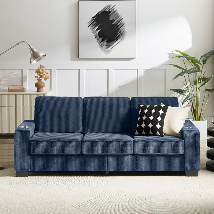Modern Corduroy Fabric Sofa, 3 Seater Compressed Couch With Cup Holders