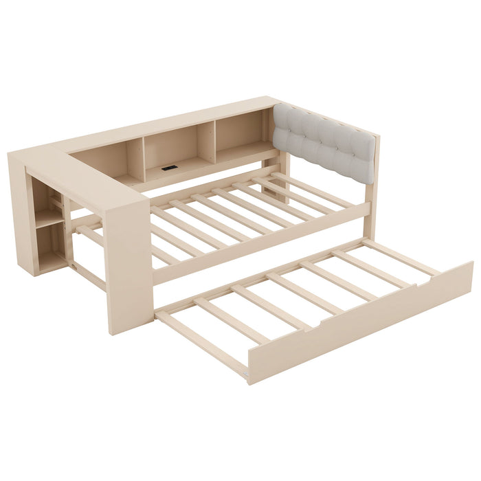 Upholstered Headboard Platform Bed With Storage Shelves, Trundle, Charging Station