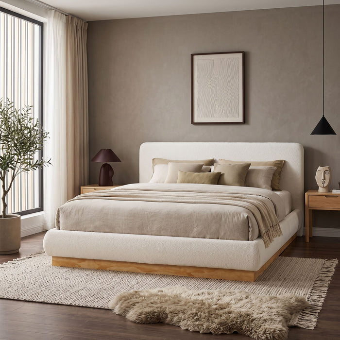 Queen Size Upholstered Platform Bed Frame, No Box Spring Required - Natural / White