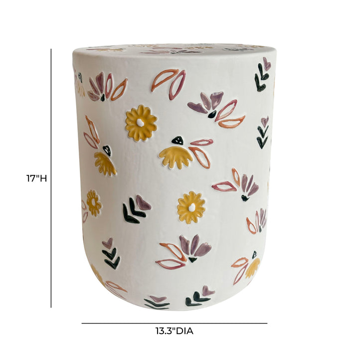 Ceramic Indoor / Outdoor Hand-Painted Floral Table - White