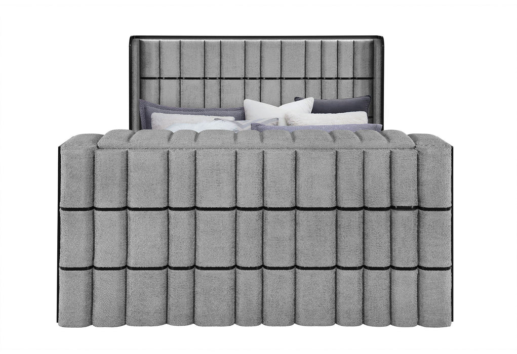 Isabella - King Upholstered Bed With LED, TV Lift, Bluetooth Speaker And Firpeplace Crystal - Gray