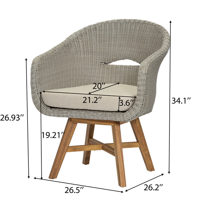 Modern Coastal Rattan Dining Chairs, (Set of 2), Solid Wood Legs - Beige