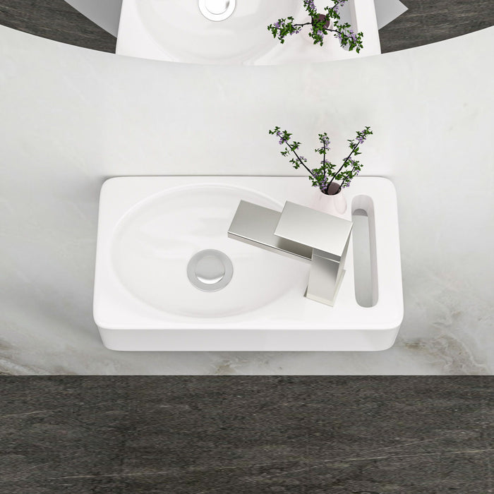 Rectangle, Wall Mount Bathroom Sink & Single Faucet Hole - White