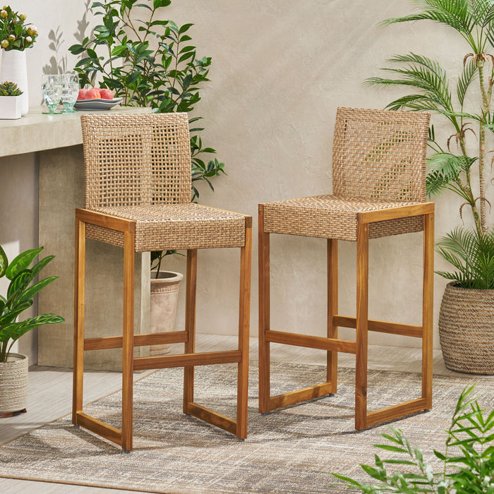 Outdoor Barstool With Rattan Wicker Top (Set of 2) - Brown