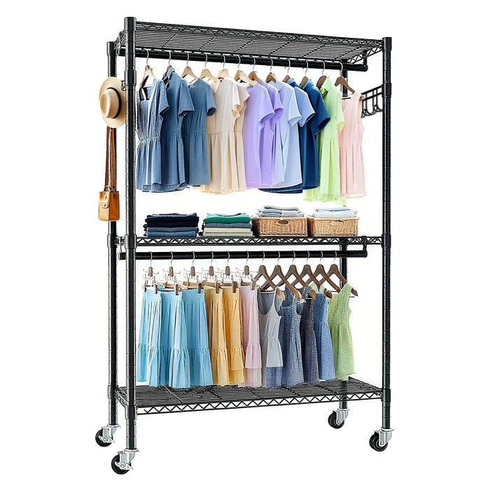 Heavy Duty Rolling Clothes Rack With 3 Tier Shelves, 2 Rails & Side Hooks, Adjustable Freestanding Organizer Metal - Black