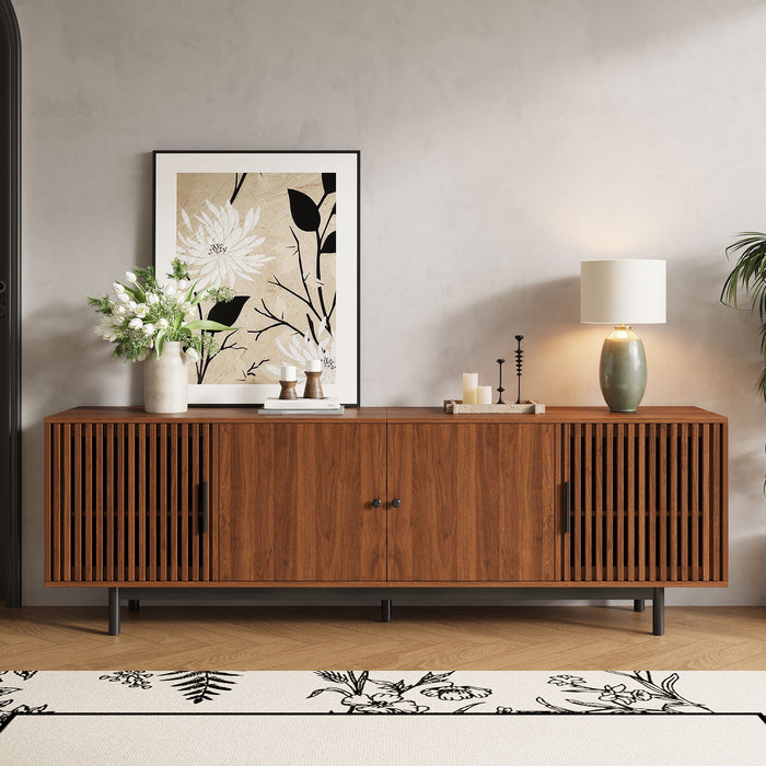 TV Stand, Media Console & Soft Closing Hinges, Adjustable Shelves, Slatted Doors - Walnut