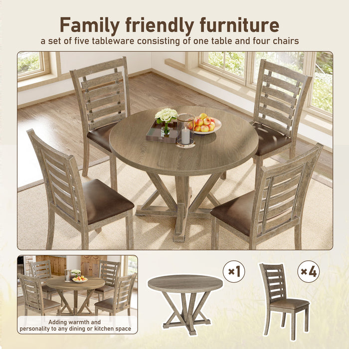 Modern Farmhouse Round Dining Table Solid Wood Rubberwood Antique Finishing Rustic Look Distressed Look Wire Brushed For 4 Seaters - Grayish Brown