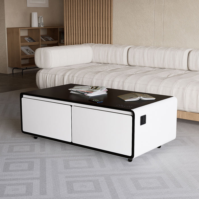 Modern Smart Coffee Table With Built-In Fridge, tooth Speaker, Wireless Charging Module, Touch Control Panel, Power Socket, USB Interface, Outlet Protection, Atmosphere Light