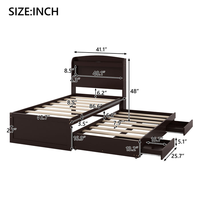 Platform Bed With LED Headboard, Charging Station, Trundle And 2 Drawers