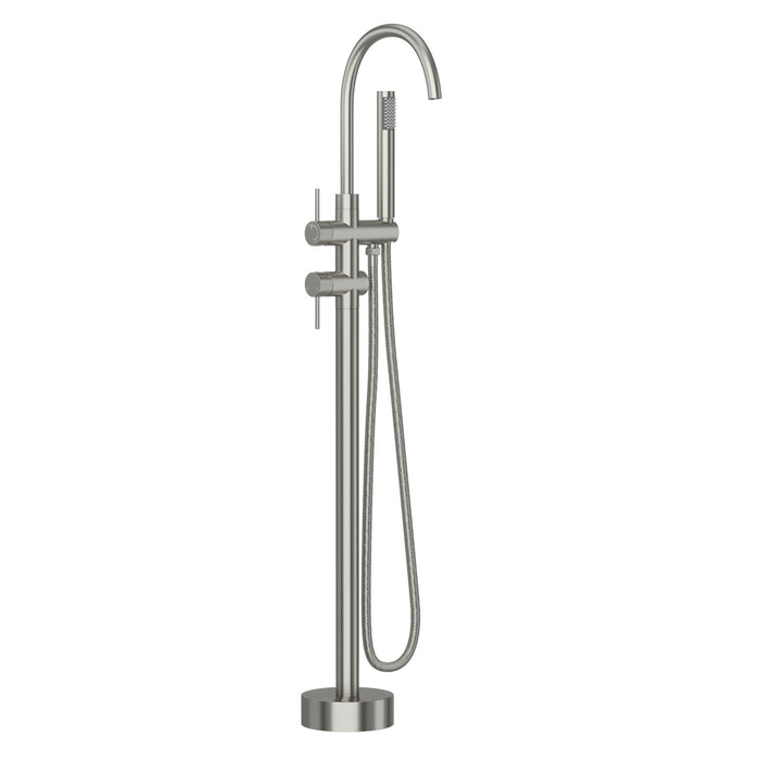 Freestanding Bathtub Faucet Floor Mount Tub Filler With Swivel Gooseneck Spout And Cylinder Handheld