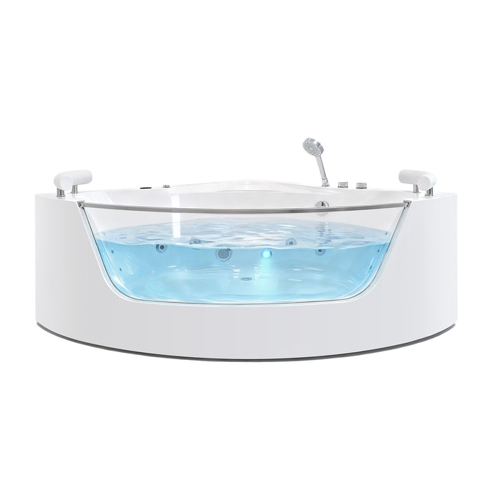 Korra - 2 Person Acrylic Corner Whirlpool Bathtub With Hydro Massage, Rainbow Light, Heater - Milk White