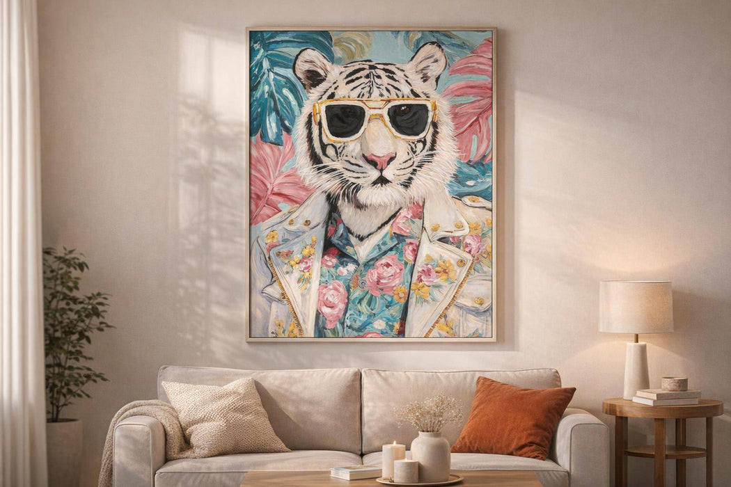Tropical Rebel Hand-Embellished Canvas In Frame - Aqua / Pink