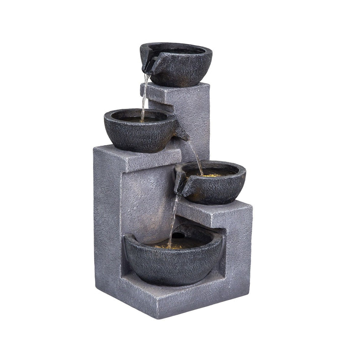 4 Tier Cascading Water Fountain With Warm LED Lights, Quiet Pump For Patio - Gray