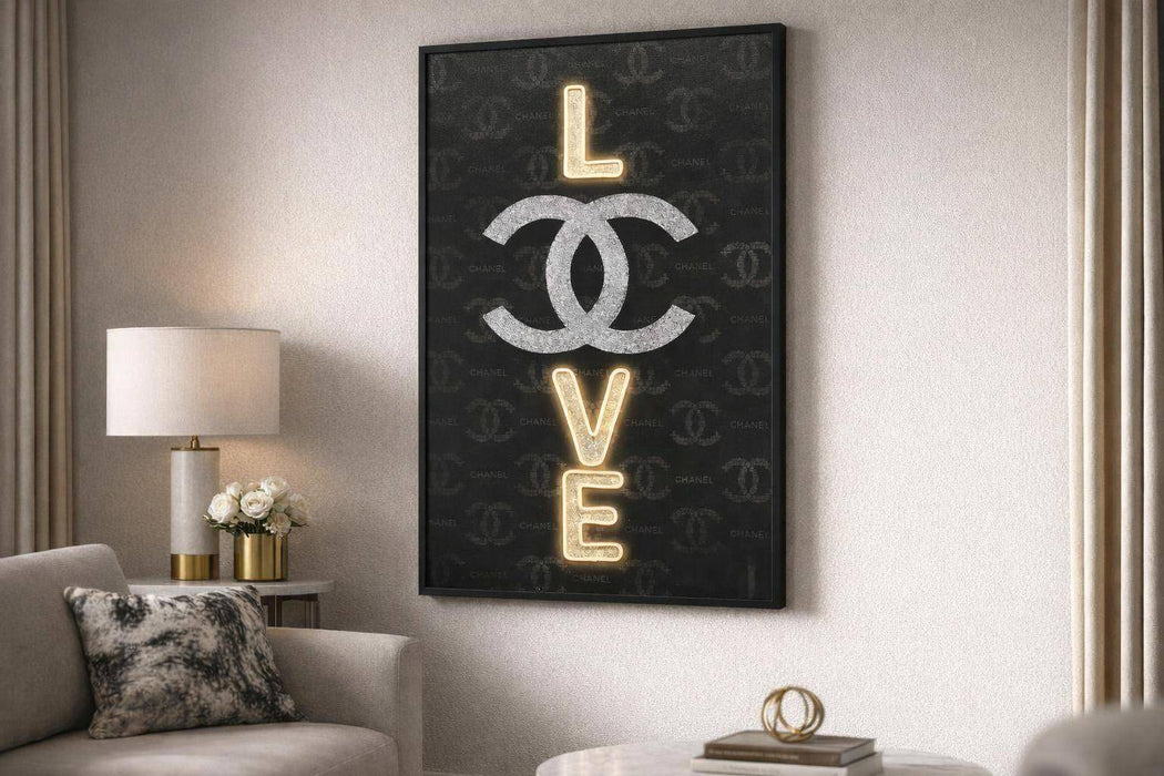 Noir Love Hand-Embellished LED Canvas In Frame - Black / Silver