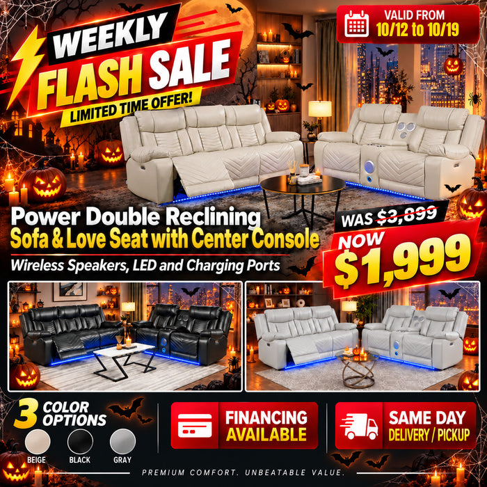 Power Double Reclining Sofa and Loveseat with speakers