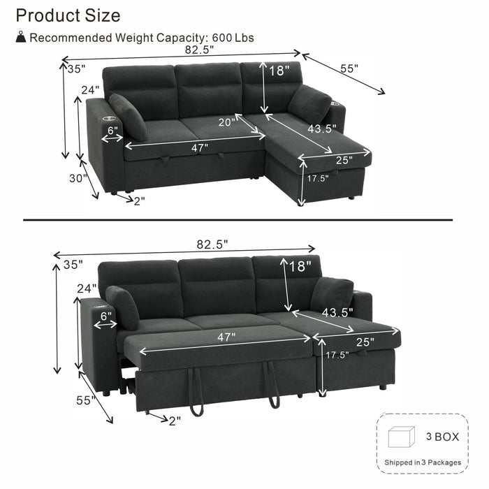 Convertible L - Shaped Sectional Sofa Bed With Storage Chaise, Cup Holders