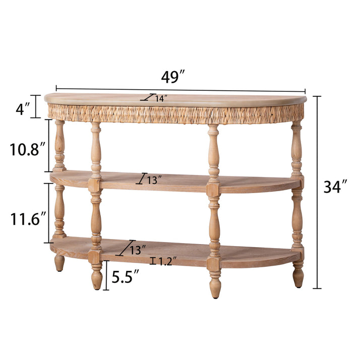 Handcrafted Console Table With Hand Woven Trim, 3 Tier Storage Shelves - Natural