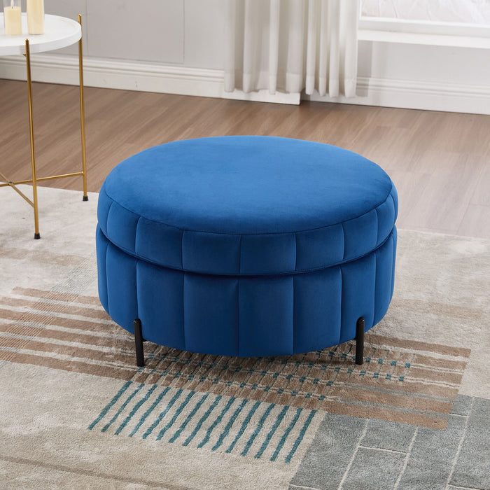 Upholstered Round Ottoman With Reversible Lid, Channel Tufted Pumpkin Shape