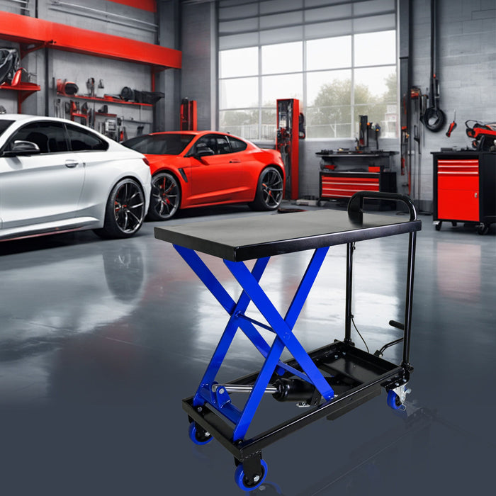 Hydraulic Lift Trolley, 500 Lbs Capacity, With 4 Wheels, For Material Handling And Transportation - Black / Blue
