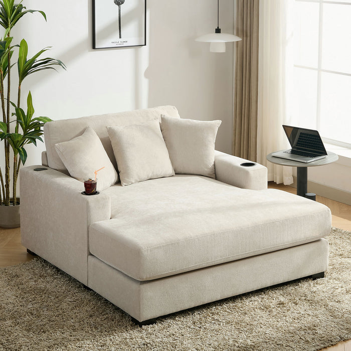 Oversized Chaise Lounger Modern Style Sofa Couch, With Pillows, Charge Station & Cup Holders