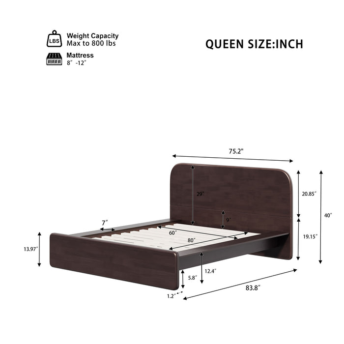 Queen Size Platform Bed Frame With Rounded Headboard - Walnut